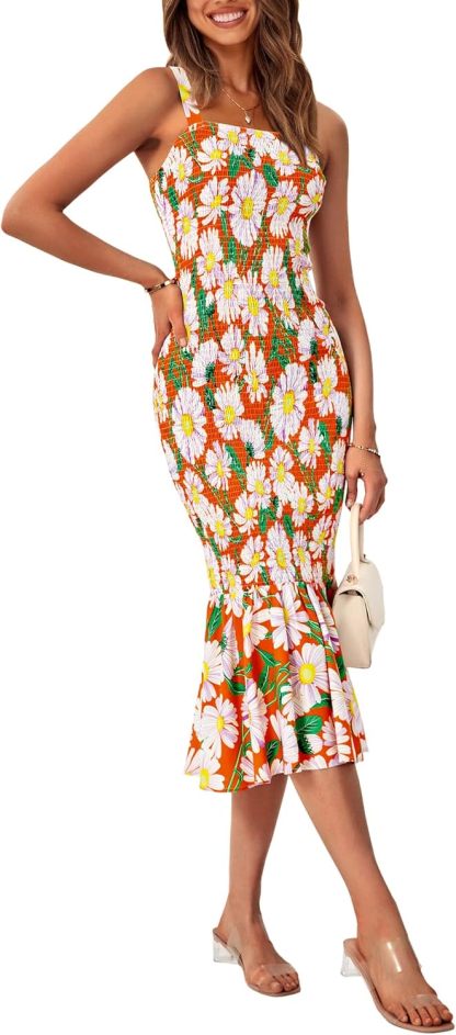 Women's Summer Floral Midi Tank Dress Sleeveless Strappy Ruffle Hem Smocked Bodycon Dresses