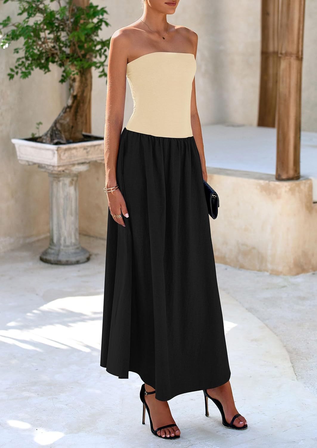 Women's 2025 Spring Strapless Maxi Dresses Patchwork Long Flowy Pockets Elegant Going Out Summer Tube Top Dress