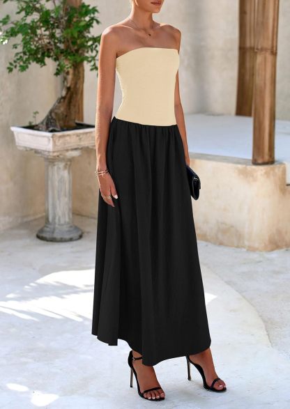 Women's 2025 Spring Strapless Maxi Dresses Patchwork Long Flowy Pockets Elegant Going Out Summer Tube Top Dress