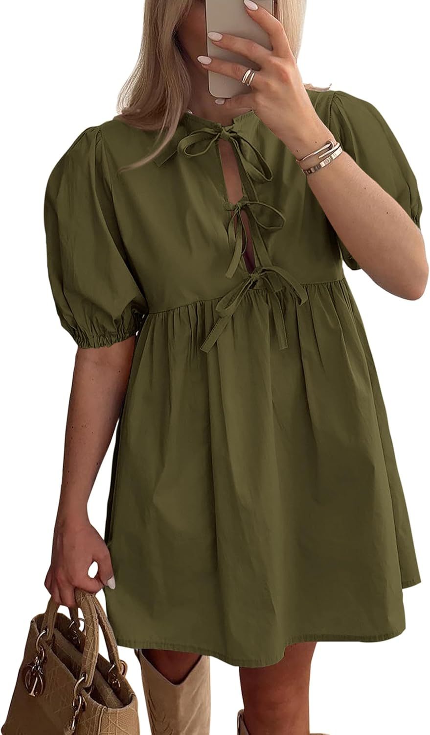 Womens 2025 Summer Casual Short Sleeve Dresses A Line Bow Tie Front Babydoll Loose Cute Mini Dress with Pockets