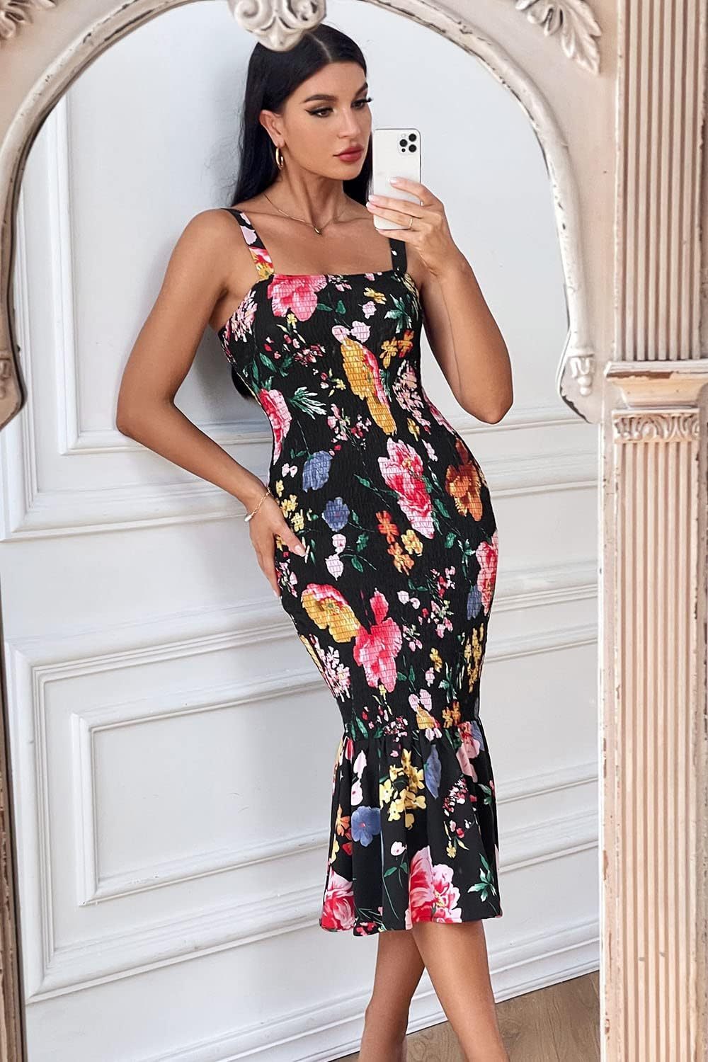 Women's Summer Floral Midi Tank Dress Sleeveless Strappy Ruffle Hem Smocked Bodycon Dresses