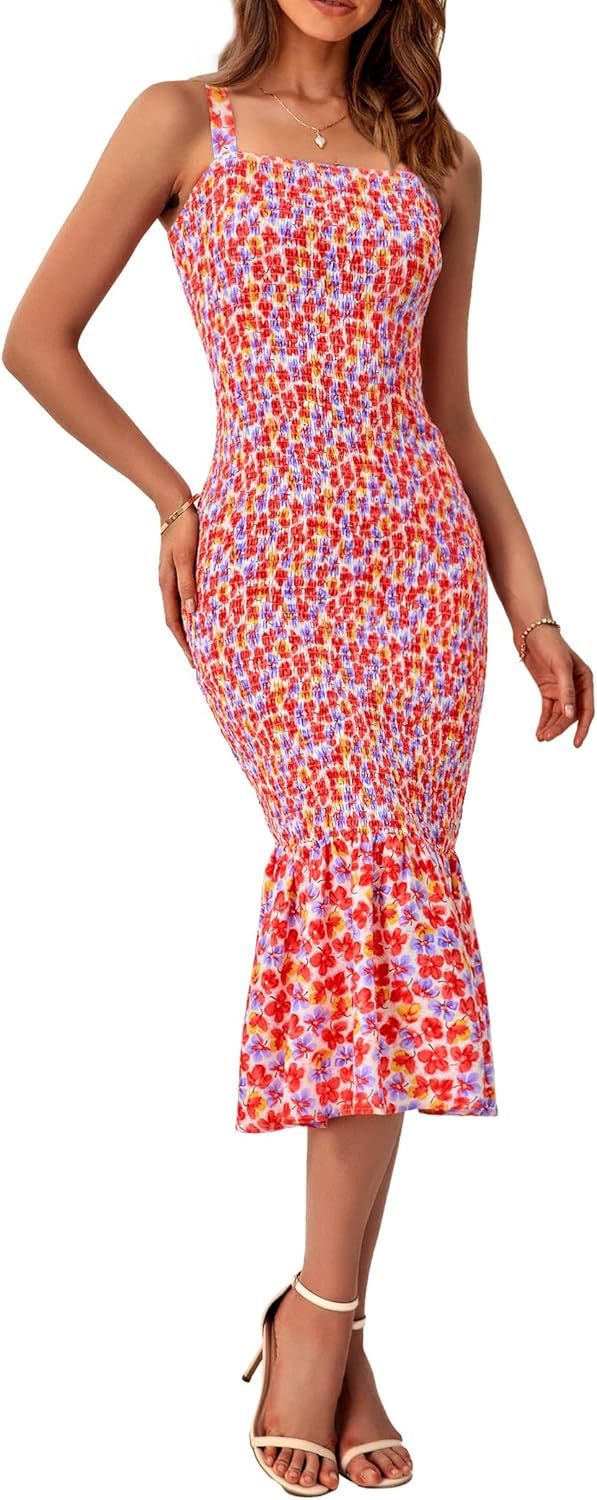 Women's Summer Floral Midi Tank Dress Sleeveless Strappy Ruffle Hem Smocked Bodycon Dresses