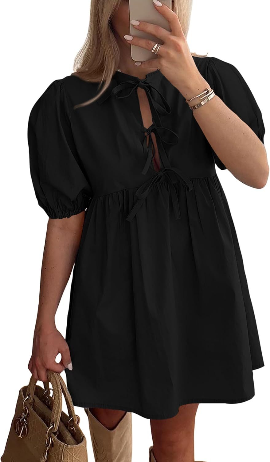 Womens 2025 Summer Casual Short Sleeve Dresses A Line Bow Tie Front Babydoll Loose Cute Mini Dress with Pockets