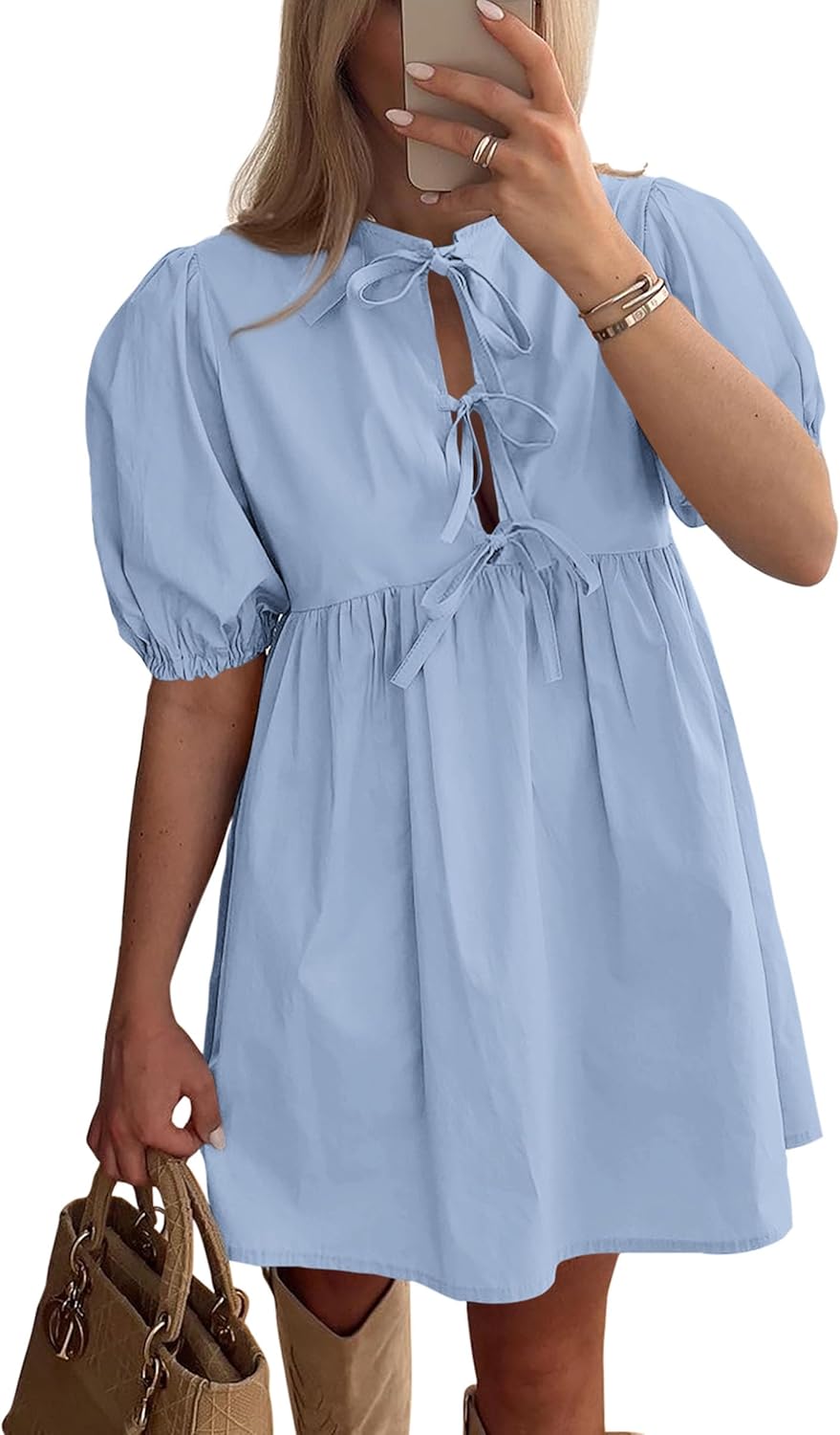 Womens 2025 Summer Casual Short Sleeve Dresses A Line Bow Tie Front Babydoll Loose Cute Mini Dress with Pockets