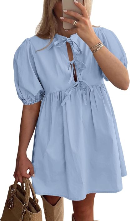 Womens 2025 Summer Casual Short Sleeve Dresses A Line Bow Tie Front Babydoll Loose Cute Mini Dress with Pockets