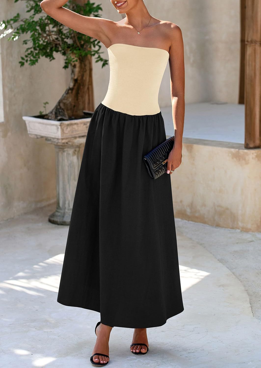 Women's 2025 Spring Strapless Maxi Dresses Patchwork Long Flowy Pockets Elegant Going Out Summer Tube Top Dress