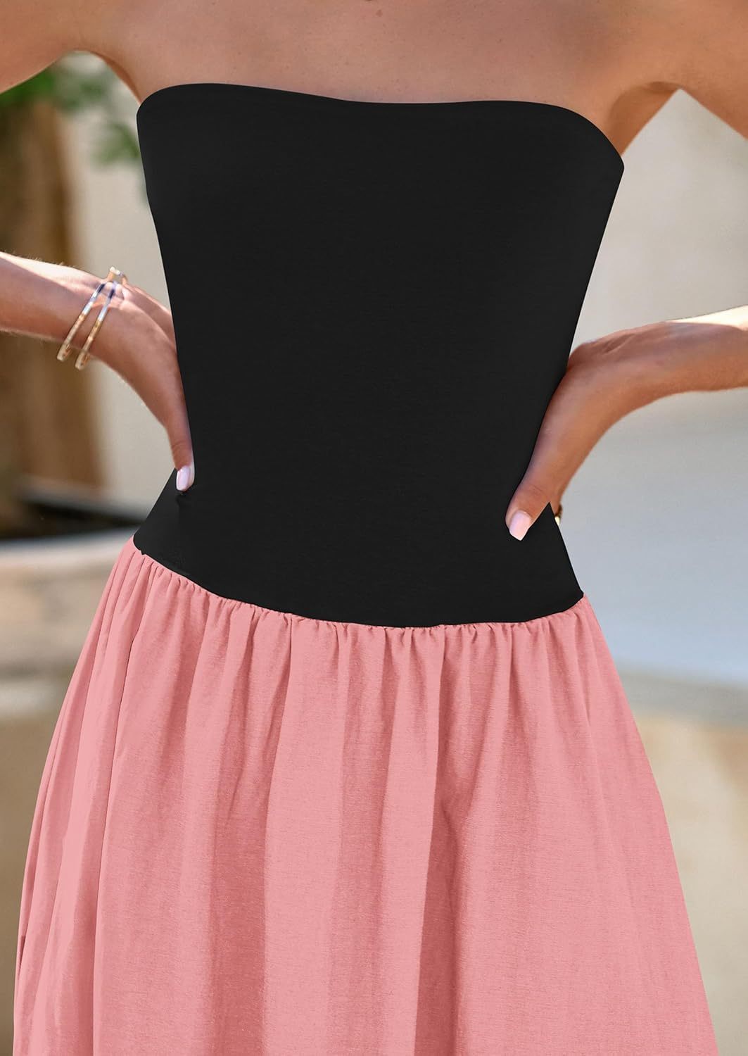 Women's 2025 Spring Strapless Maxi Dresses Patchwork Long Flowy Pockets Elegant Going Out Summer Tube Top Dress