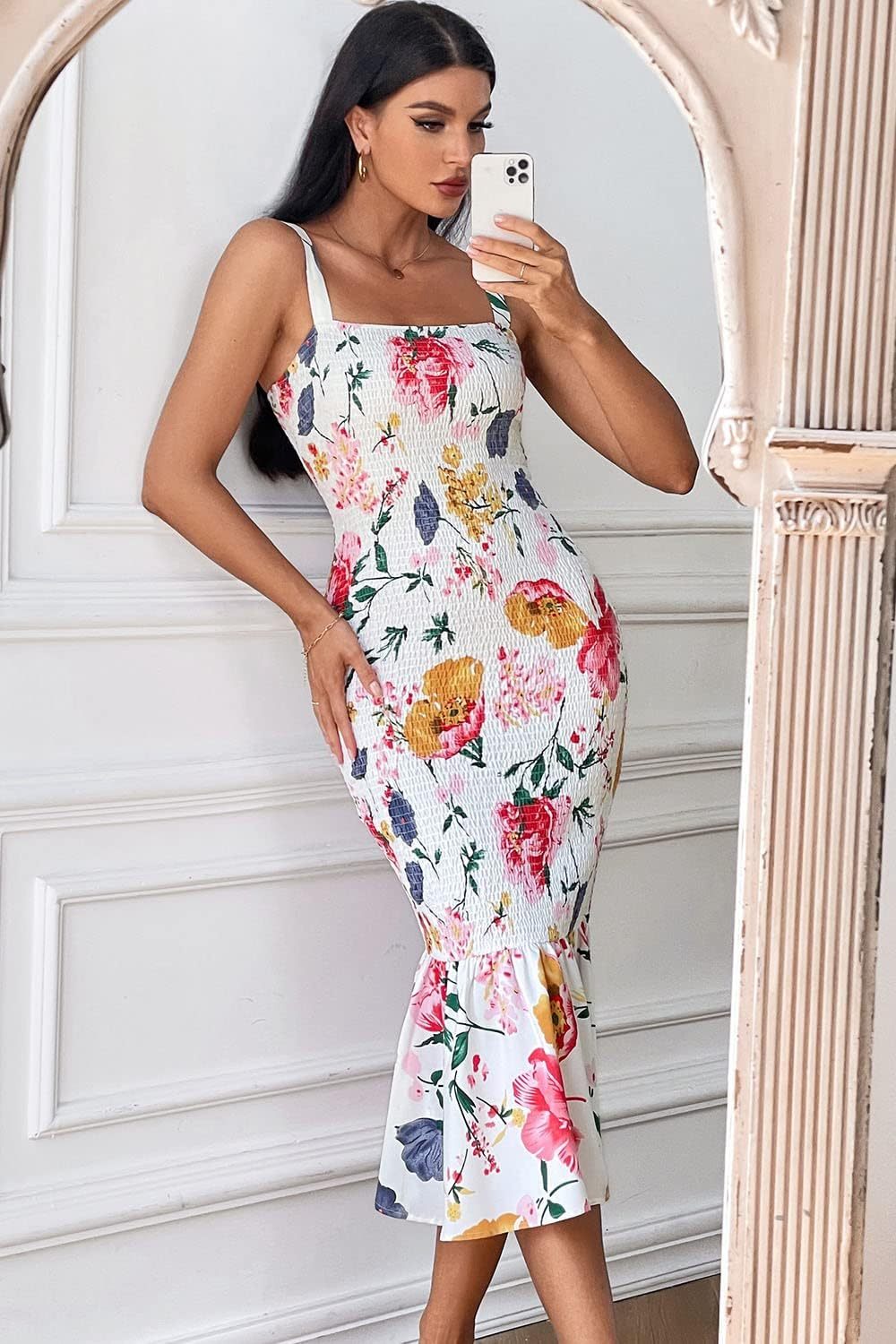 Women's Summer Floral Midi Tank Dress Sleeveless Strappy Ruffle Hem Smocked Bodycon Dresses