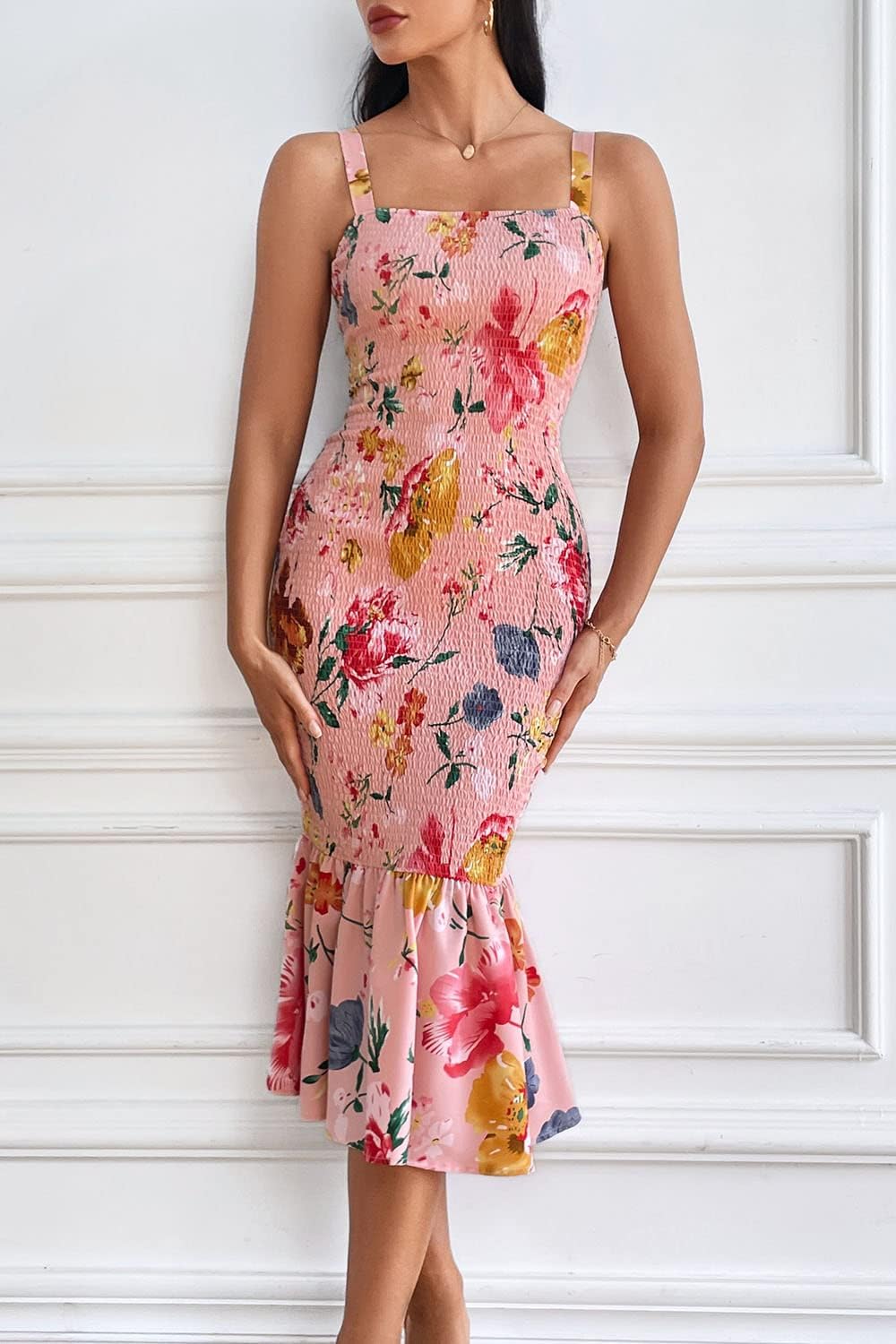 Women's Summer Floral Midi Tank Dress Sleeveless Strappy Ruffle Hem Smocked Bodycon Dresses