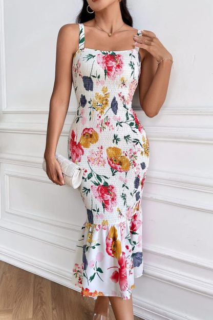 Women's Summer Floral Midi Tank Dress Sleeveless Strappy Ruffle Hem Smocked Bodycon Dresses