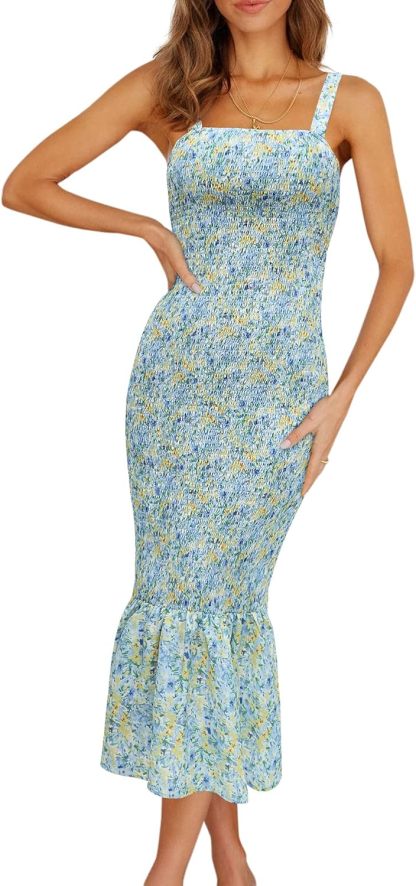 Women's Summer Floral Midi Tank Dress Sleeveless Strappy Ruffle Hem Smocked Bodycon Dresses