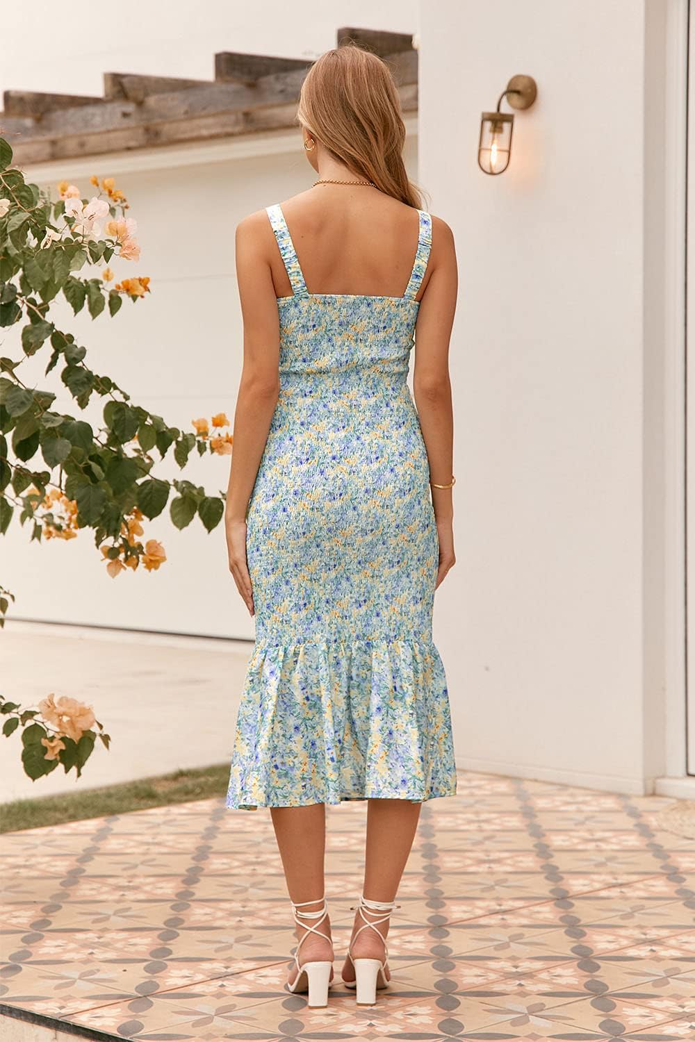 Women's Summer Floral Midi Tank Dress Sleeveless Strappy Ruffle Hem Smocked Bodycon Dresses