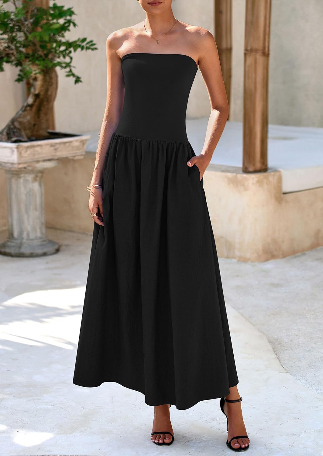 Women's 2025 Spring Strapless Maxi Dresses Patchwork Long Flowy Pockets Elegant Going Out Summer Tube Top Dress