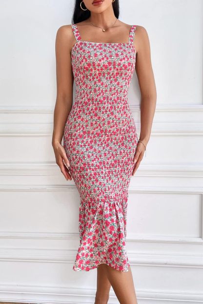 Women's Summer Floral Midi Tank Dress Sleeveless Strappy Ruffle Hem Smocked Bodycon Dresses