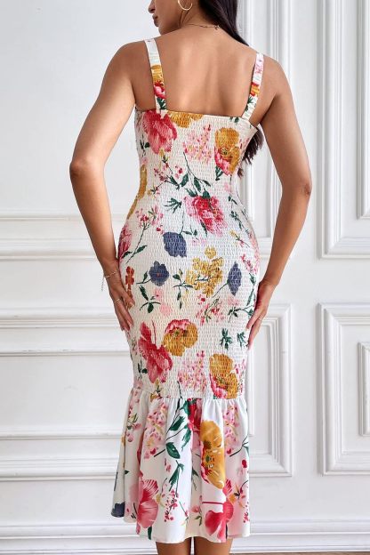Women's Summer Floral Midi Tank Dress Sleeveless Strappy Ruffle Hem Smocked Bodycon Dresses