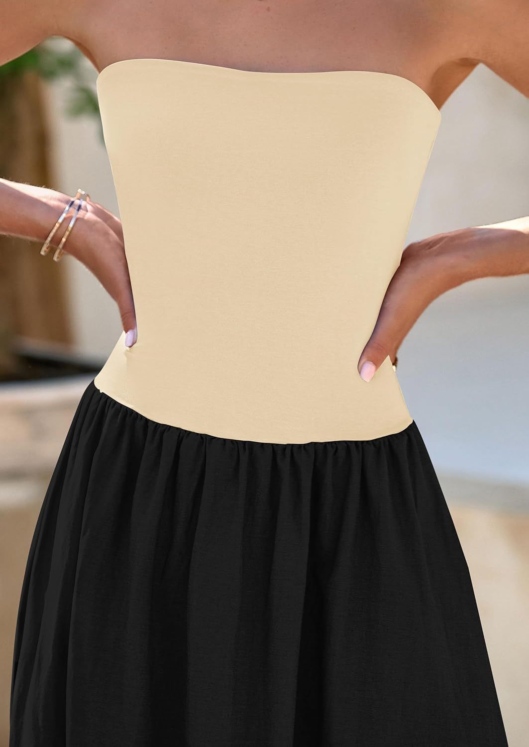 Women's 2025 Spring Strapless Maxi Dresses Patchwork Long Flowy Pockets Elegant Going Out Summer Tube Top Dress