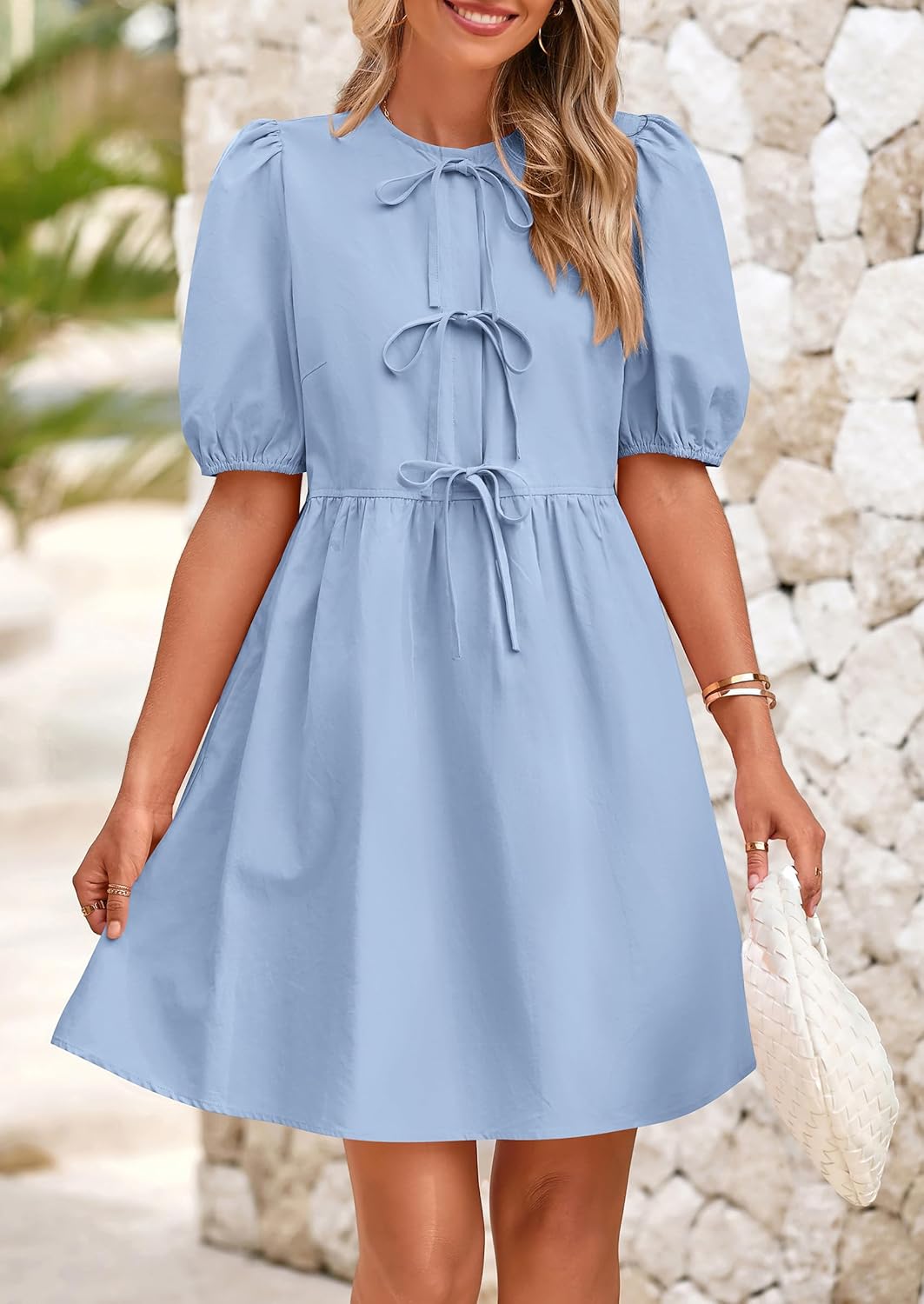 Womens 2025 Summer Casual Short Sleeve Dresses A Line Bow Tie Front Babydoll Loose Cute Mini Dress with Pockets