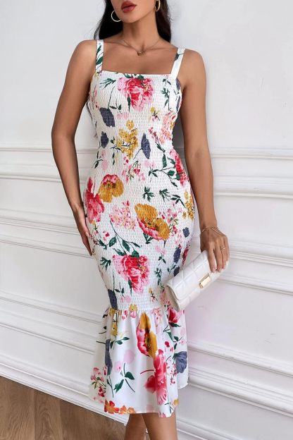 Women's Summer Floral Midi Tank Dress Sleeveless Strappy Ruffle Hem Smocked Bodycon Dresses
