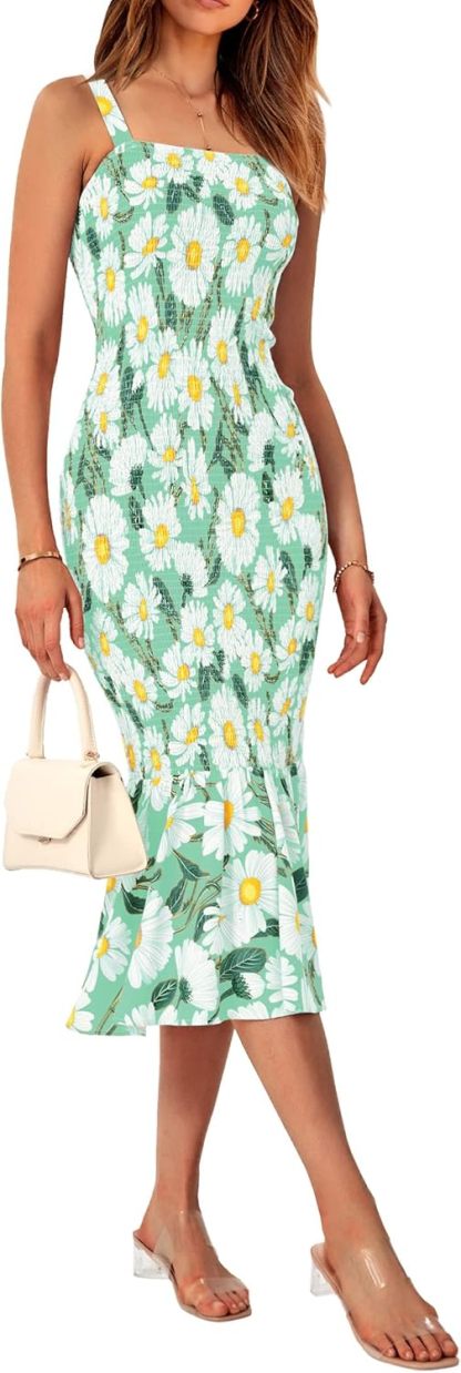 Women's Summer Floral Midi Tank Dress Sleeveless Strappy Ruffle Hem Smocked Bodycon Dresses