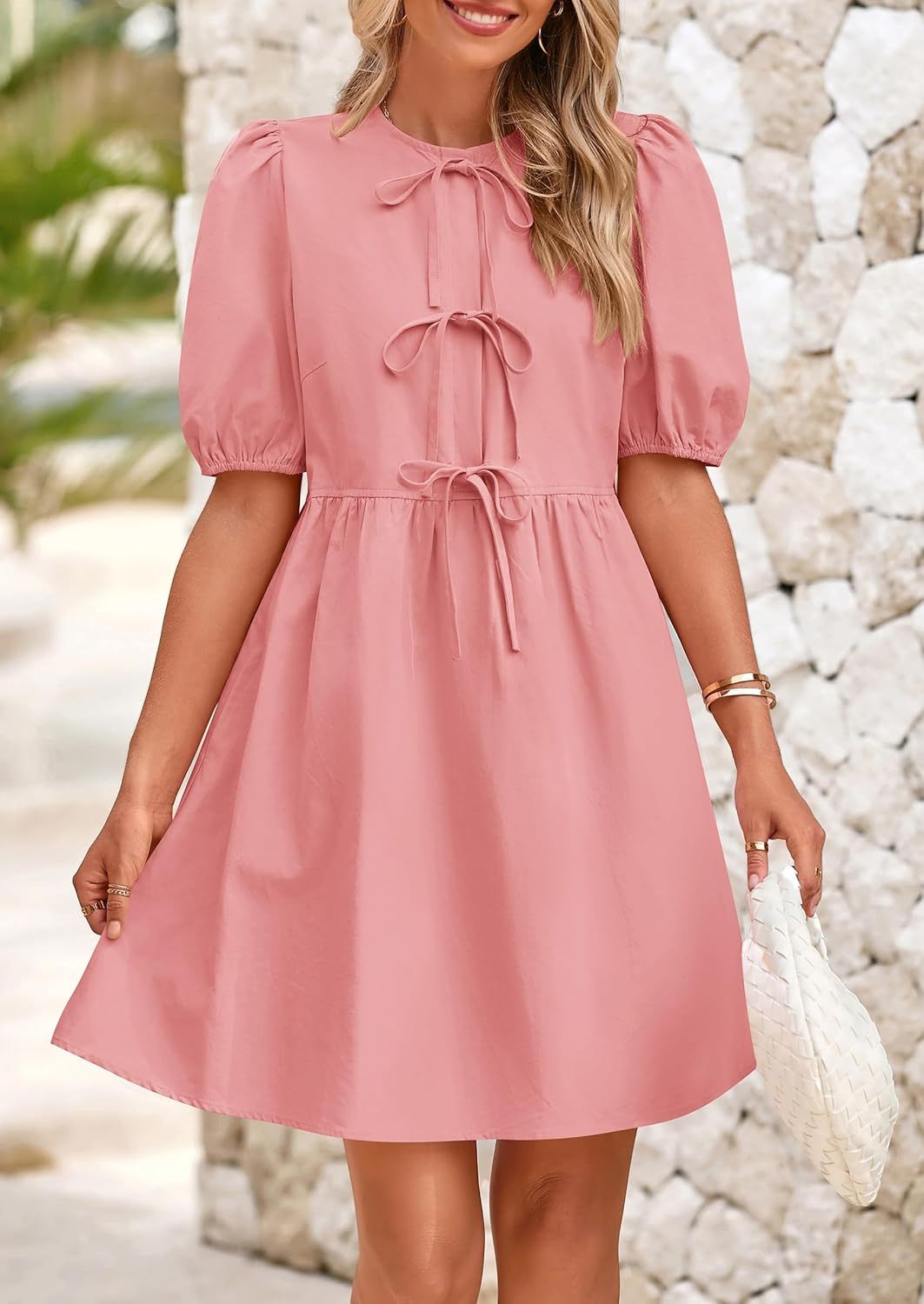 Womens 2025 Summer Casual Short Sleeve Dresses A Line Bow Tie Front Babydoll Loose Cute Mini Dress with Pockets