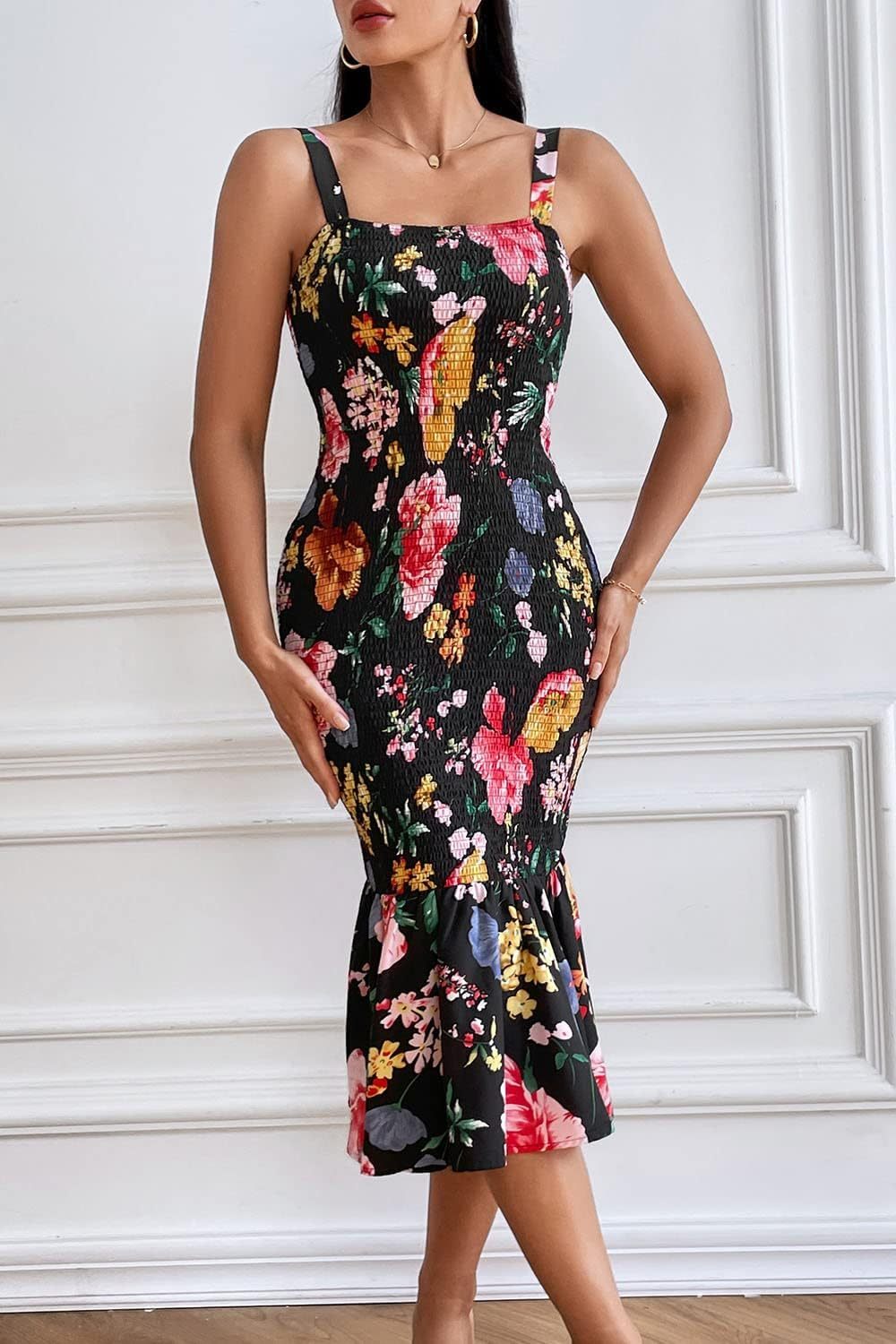 Women's Summer Floral Midi Tank Dress Sleeveless Strappy Ruffle Hem Smocked Bodycon Dresses