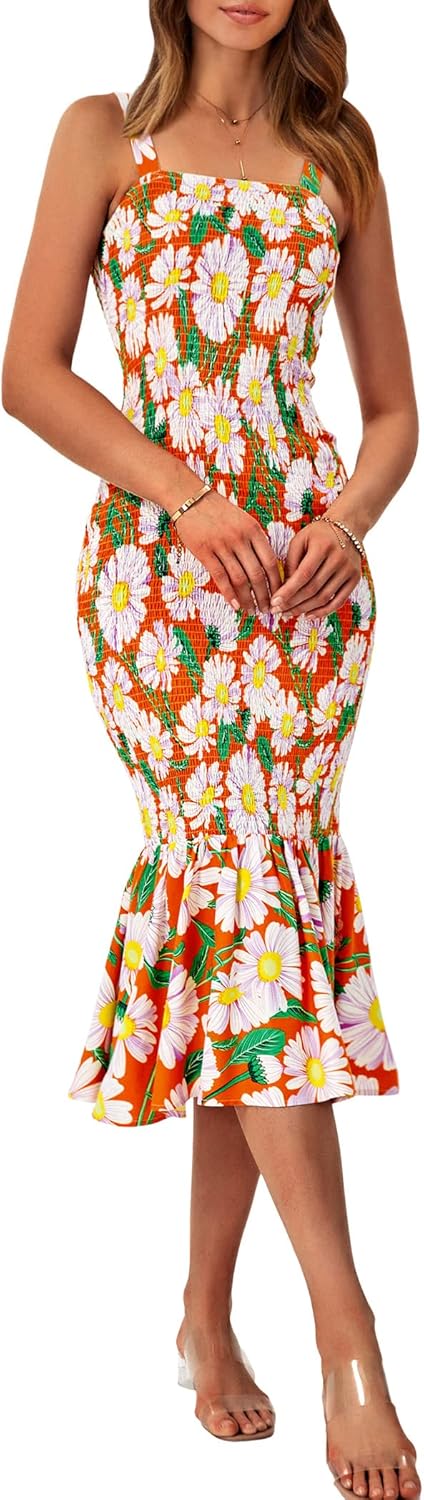 Women's Summer Floral Midi Tank Dress Sleeveless Strappy Ruffle Hem Smocked Bodycon Dresses