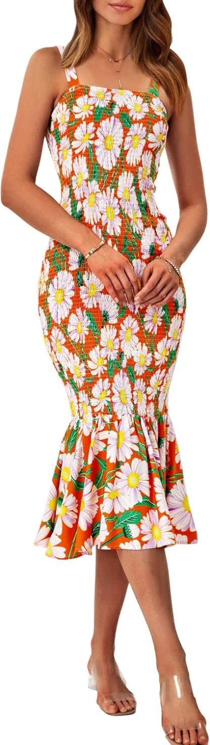 Women's Summer Floral Midi Tank Dress Sleeveless Strappy Ruffle Hem Smocked Bodycon Dresses