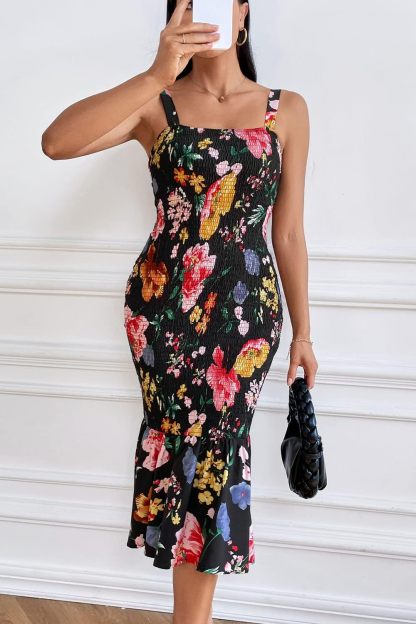 Women's Summer Floral Midi Tank Dress Sleeveless Strappy Ruffle Hem Smocked Bodycon Dresses