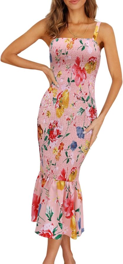 Women's Summer Floral Midi Tank Dress Sleeveless Strappy Ruffle Hem Smocked Bodycon Dresses