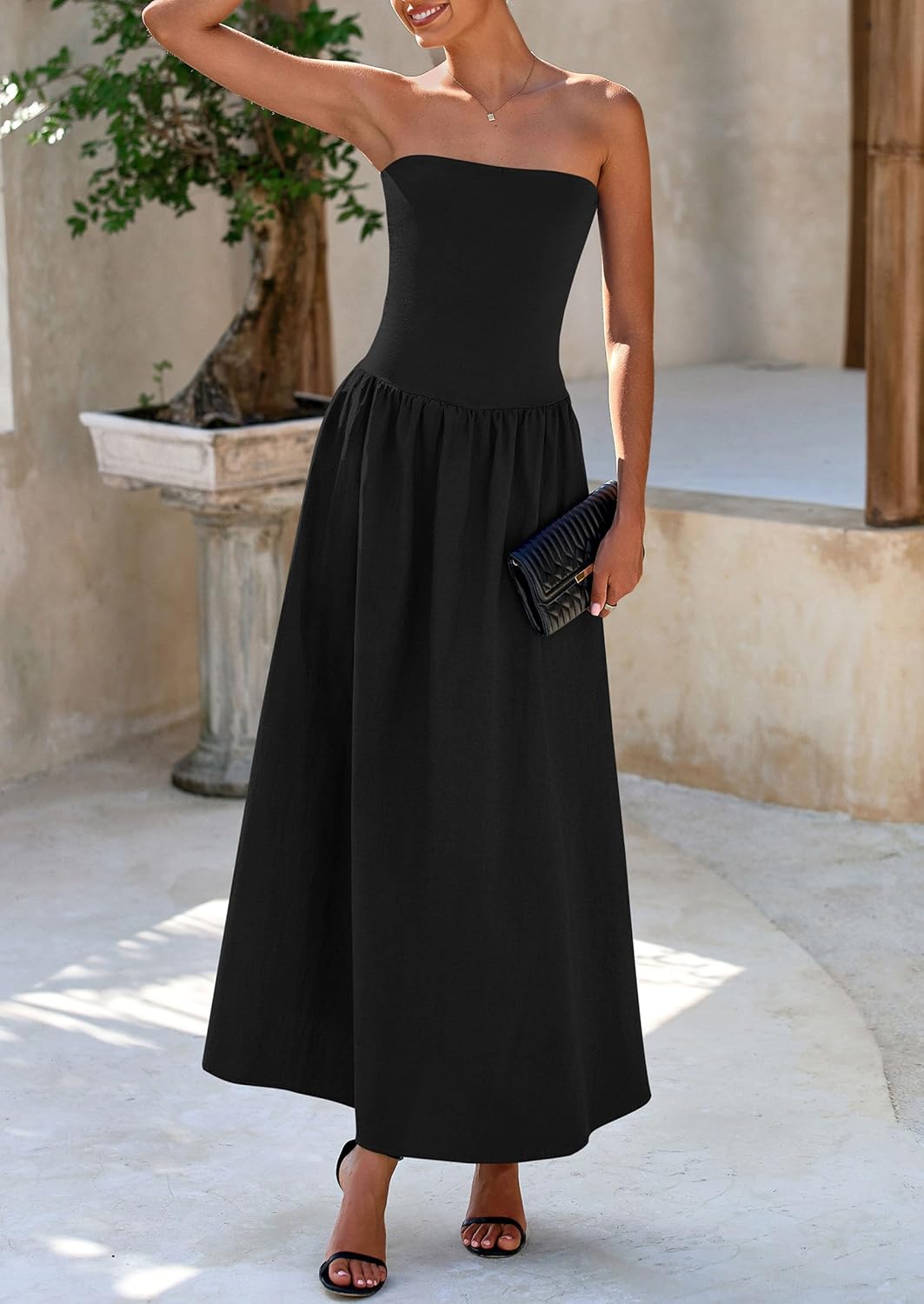 Women's 2025 Spring Strapless Maxi Dresses Patchwork Long Flowy Pockets Elegant Going Out Summer Tube Top Dress