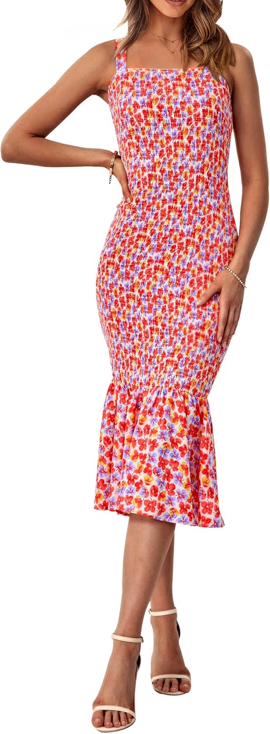 Women's Summer Floral Midi Tank Dress Sleeveless Strappy Ruffle Hem Smocked Bodycon Dresses