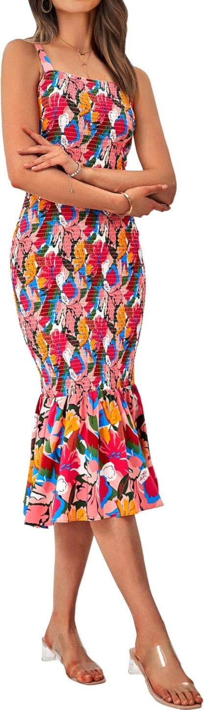 Women's Summer Floral Midi Tank Dress Sleeveless Strappy Ruffle Hem Smocked Bodycon Dresses