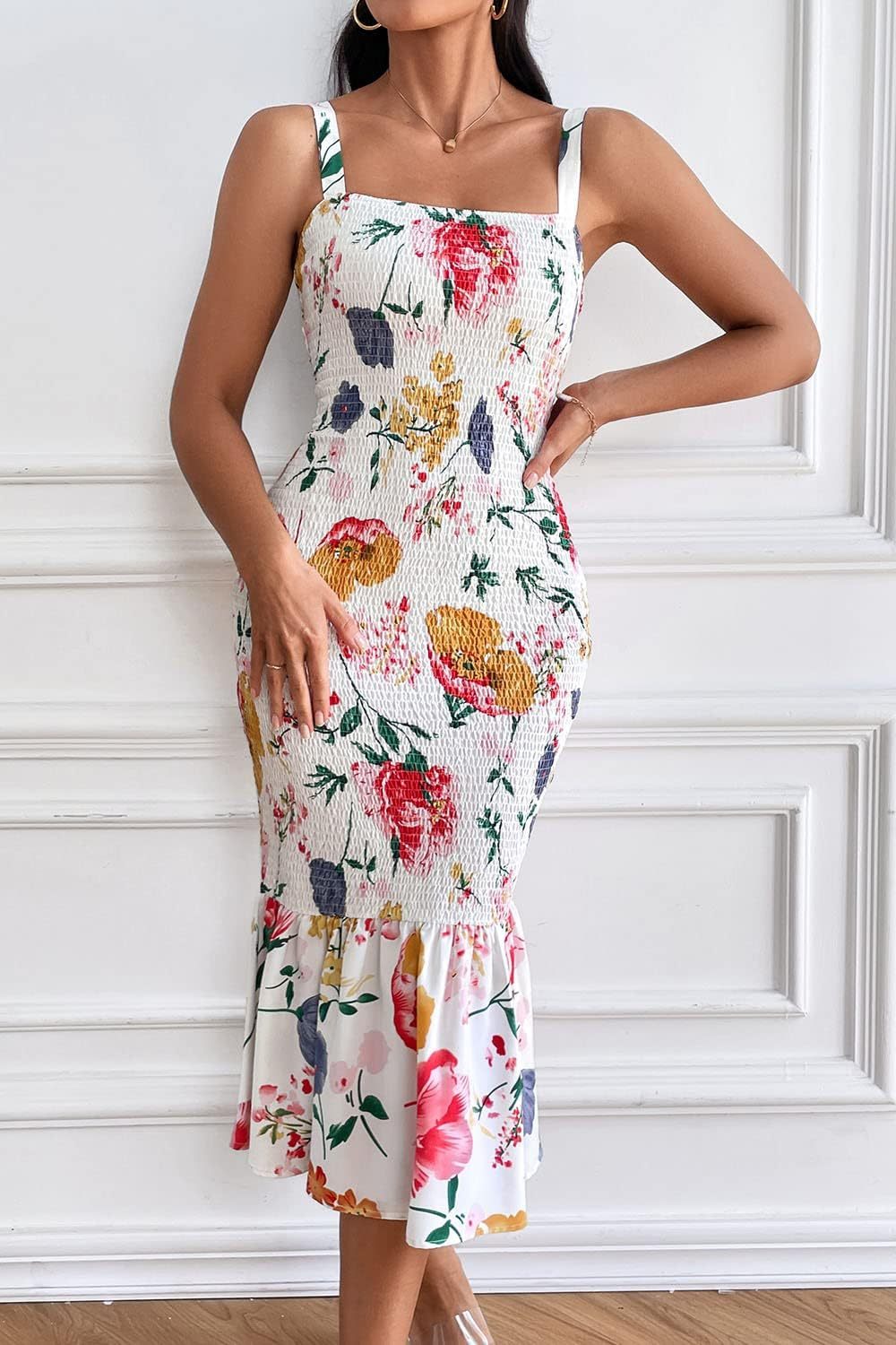Women's Summer Floral Midi Tank Dress Sleeveless Strappy Ruffle Hem Smocked Bodycon Dresses