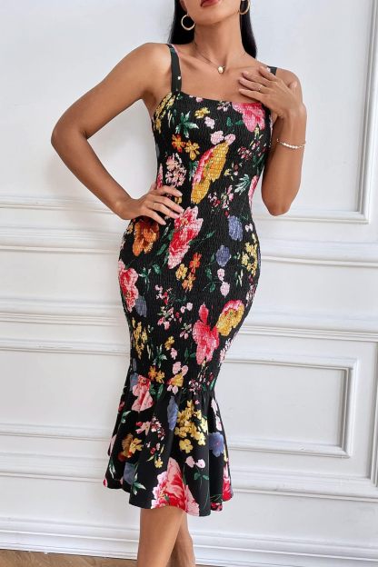 Women's Summer Floral Midi Tank Dress Sleeveless Strappy Ruffle Hem Smocked Bodycon Dresses