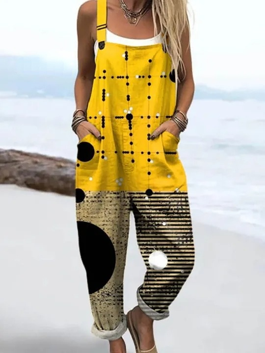 Women's Geometric Pattern Art Print Casual 100% Cotton Wide Leg Jumpsuit