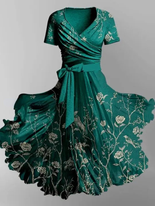 Floral Print Vintage V-Neck Short Sleeve Two-Piece Midi Dress