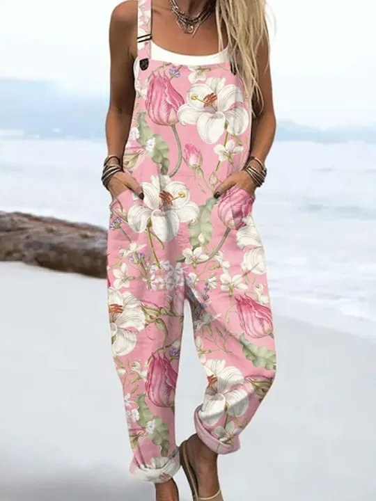 Women's Vintage Floral Art Print Casual 100% Cotton Wide Leg Jumpsuit