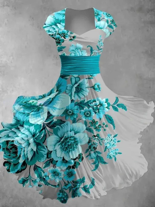 Floral Art Print V-Neck Vintage Chic Short Sleeve Midi Dress