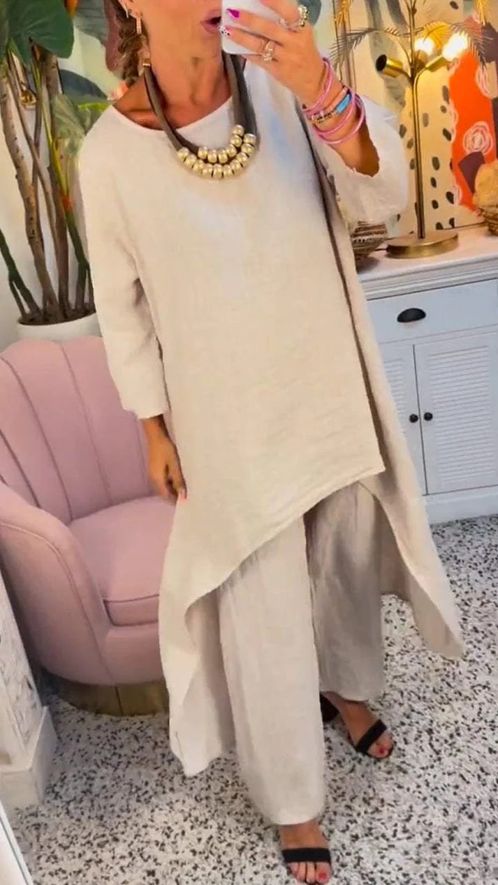 🔥Two-piece suit in cotton and linen, with a round neckline and long sleeves