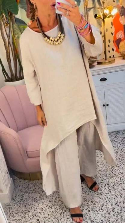 🔥Two-piece suit in cotton and linen, with a round neckline and long sleeves