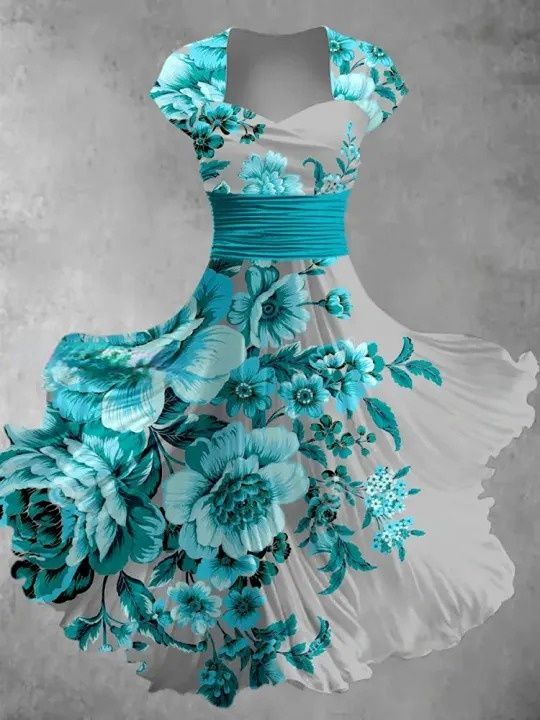 Floral Art Print V-Neck Vintage Chic Short Sleeve Midi Dress