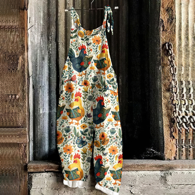 Vintage Chicken Floral Linen Blend Loose Casual Jumpsuit