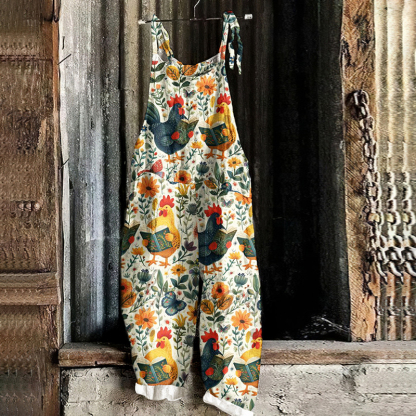 Vintage Chicken Floral Linen Blend Loose Casual Jumpsuit