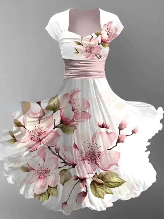 Floral Art Print V-Neck Vintage Chic Short Sleeve Midi Dress