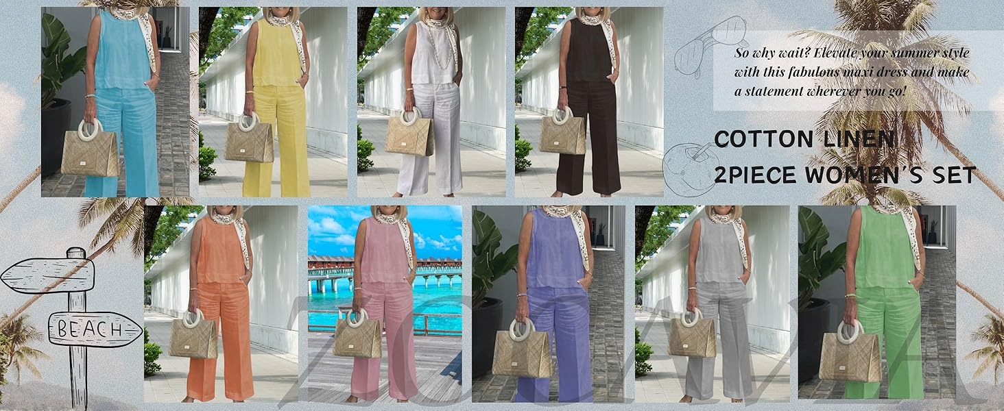ZOCAVIA 2 Piece Cotton Linen Pant Suit for Women Summer Solid Sleeveless Top Wide Legged Pant