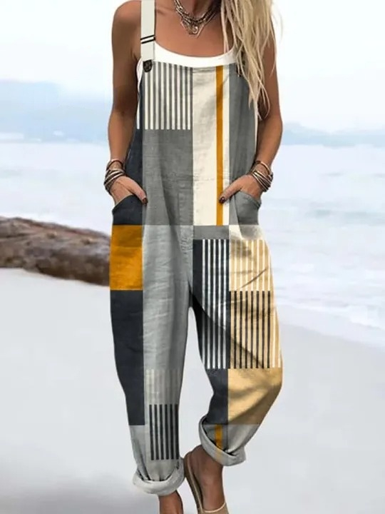 Women's Abstract Geometric Pattern Art Print Casual 100% Cotton Wide Leg Jumpsuit