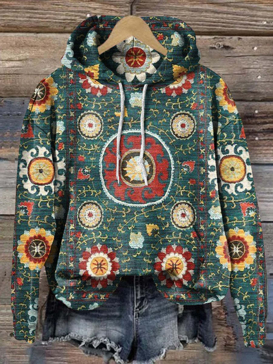 Vintage Ethnic Abstract Round Geometric Floral Art Print Casual Hoodie