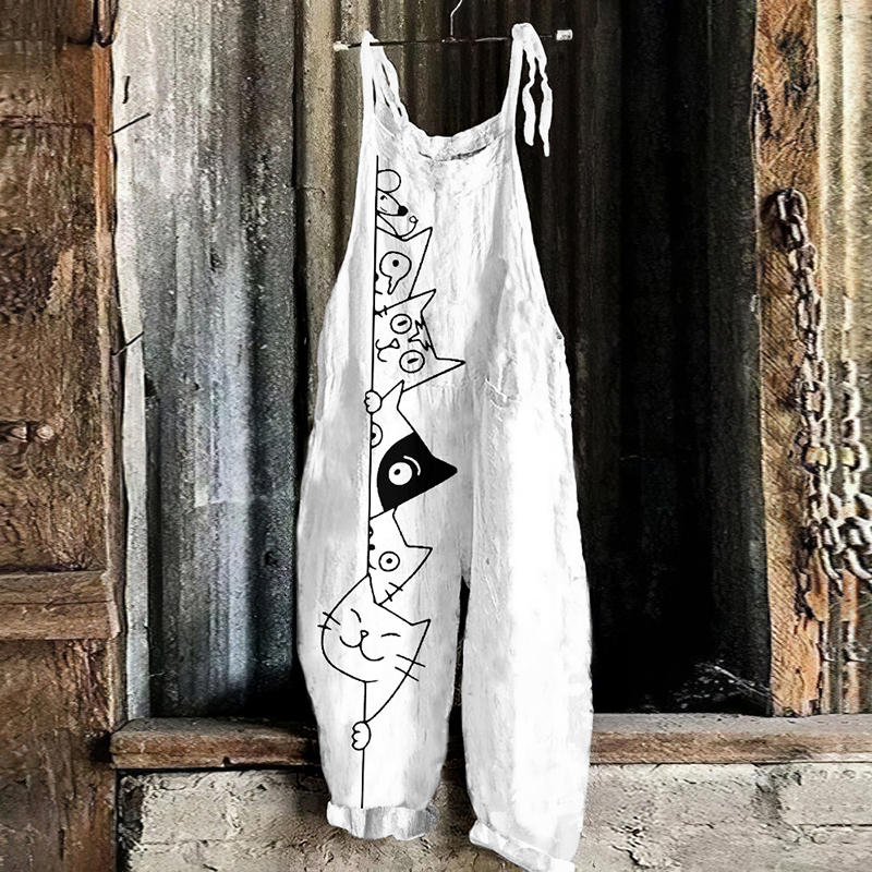 Vintage Cute Cats Linen Blend Loose Casual Jumpsuit