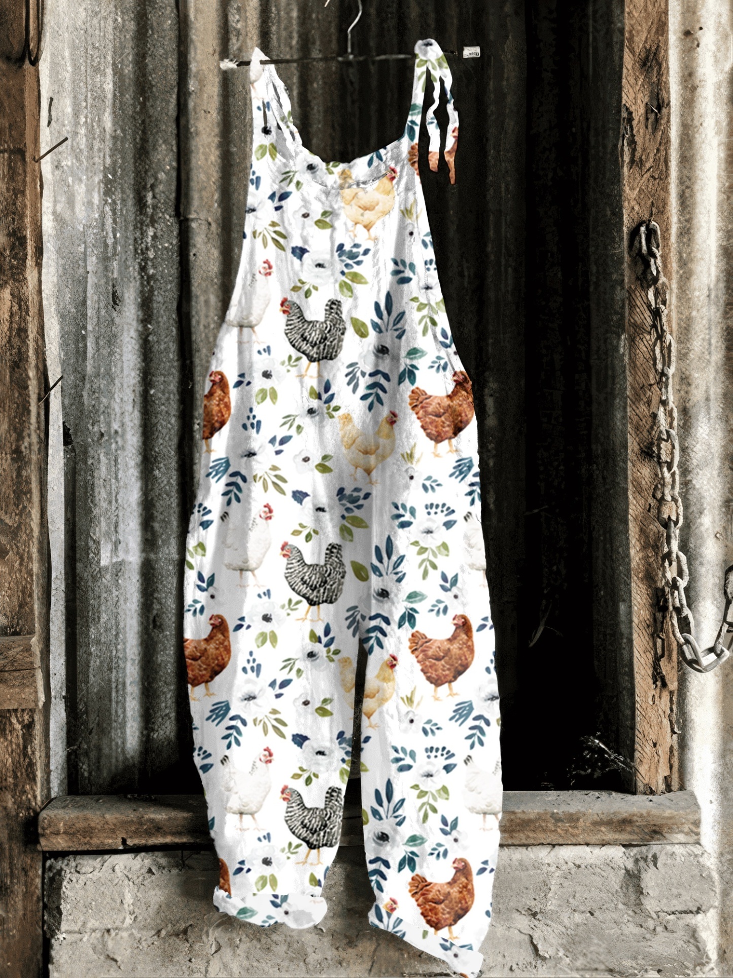 Farm Animal Chicken And Floral Print Casual Jumpsuit