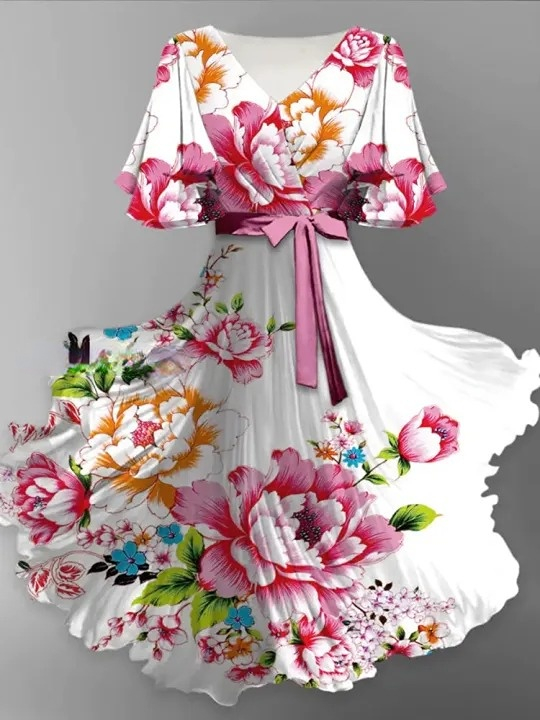 Floral Art Print Chic V-Neck Short Sleeve Vintage Fashion Midi Dress
